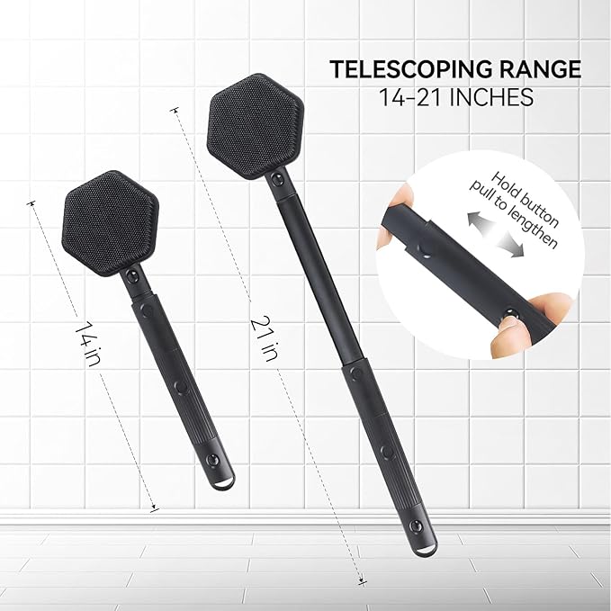 21 Inches Silicone Back Scrubber for Shower - Extendable Shower Brush Long Handle with Stiff and Soft Bristles -Loofah Alternative- Body Exfoliator for Bath or Dry Brush,Men & Woman (Black)