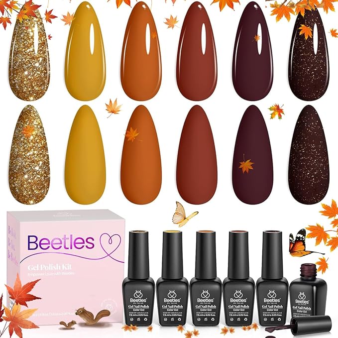 Beetles Fall Gel Nail Polish Set, 6 Colors Burgundy Red Brown Yellow Orange Glitter Gel Nail Polish Soak Off UV Nail Art Design Manicure Gifts for Women