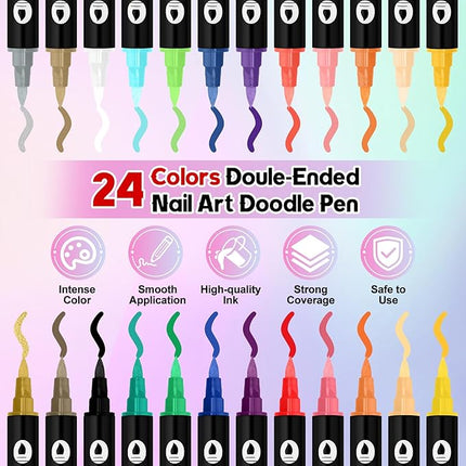 Kalolary 24 Colors Nail Art Pens Set,12PCS 3D Nail Polish Pens Double-Ended Acrylic Paint Pen Nail Art Markers Quick-Drying Nail Art Tools for Dotting Drawing Painting DIY Nail Art Beauty Manicure（E）