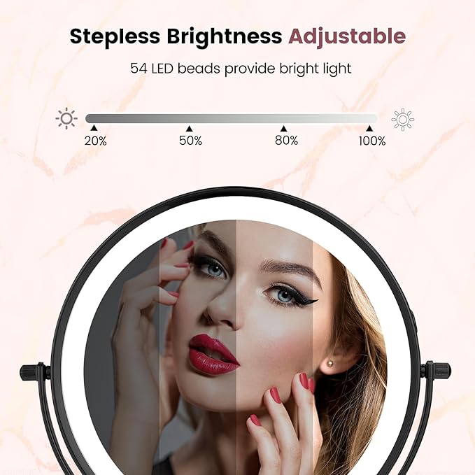 8" Vanity Mirror with Lights Rechargeable, 1X/10X Magnifying Makeup Mirror with Touch Screen, 54 LED Adjustable Brightness, 3 Color Modes, 360° Rotation for Tabletop & Bedroom
