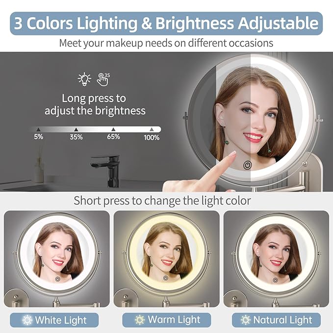 Rechargeable Wall Mounted Lighted Makeup Vanity Mirror 8 inch 1X/10X Magnifying Mirror with 3 Color Lights, Double Sided Bathroom Mirror with Dimmable LED Lights, Shaving Light up Brush Nickel