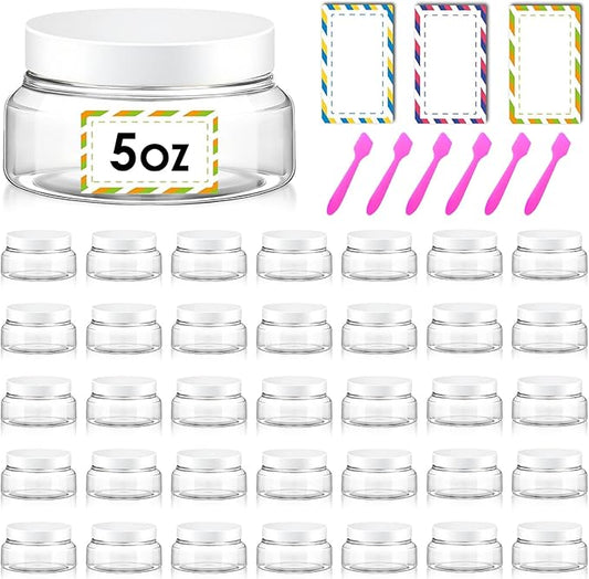 36 Pack 5 oz Plastic Cosmetic Containers With Lids Refillable Clear Empty Travle Jars Containers for Body Butter,Sugar Scrubs,Cream,Lotions,Candy, Waterproof Label&Spatulas - (White Lid)