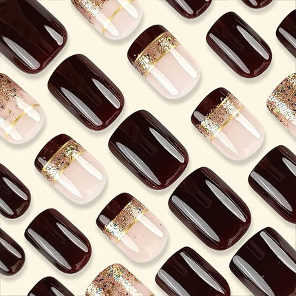 Fall Press on Nails Square Short Brown French Tip Nails Press Ons 24 Pcs Glossy Glitter Designs