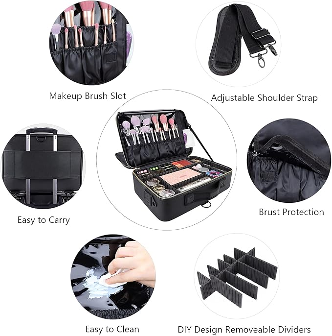 JOURMON Travel Makeup Case 3 Layers Portable Makeup Train Case Cosmetic Bag Organizer Storage for Women with Adjustable Dividers and Shoulder Strap for Toiletry Travel Accessories(Black, L)