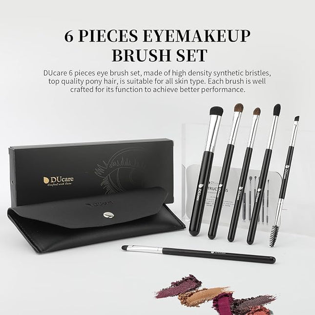 DUcare Eye Makeup Brush Set with Travel Case, 6 Pcs Professional Eyeshadow Blending Makeup Brushes for Concealer Eyebrows Eyeliner, Soft Hairs & Wood Handle