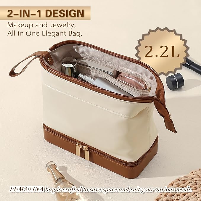 2-In-1 Jewelry Box and Makeup Bag with Mirror - Versatile Travel Jewelry Holder Organizer Cosmetic Bag, Portable Toiletry Bag with Integrated Jewelry Makeup Case for Women Men (White & Brown)