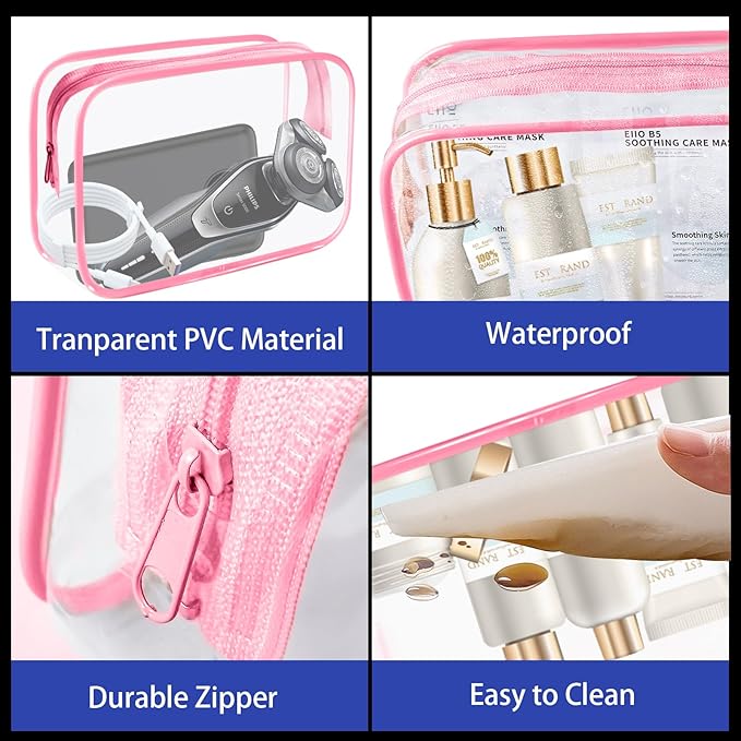 16-Piece Makeup Bags, Waterproof Toiletry Bag Carry Pouch Portable Cosmetic Bag PVCTravel Clear Pouches Carry-on Travel Essentials Transparent Storage Organizer Bag (Rose Pink-M)