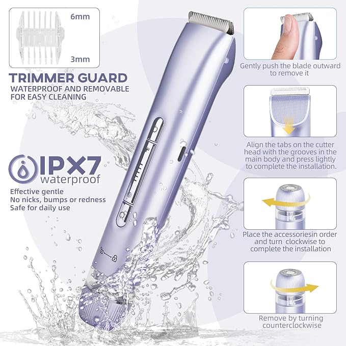 Bikini Trimmer for Women,Dual Head Shaver, IPX7 Waterproof, Compact Travel Design Bikini Shaver for Public Hair, Facial and Body(Purple)