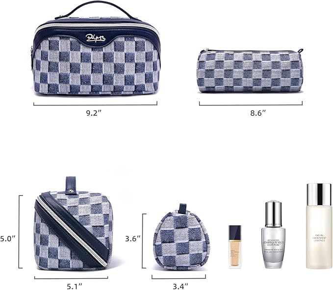 BOYATU Travel Makeup Bag for Women: Large Cosmetic Bag Set of 3 - PU Leather Make up Bag with Compartments - Compact Waterproof Toiletry Bag with Divider & Handle (C-05Deep Blue)