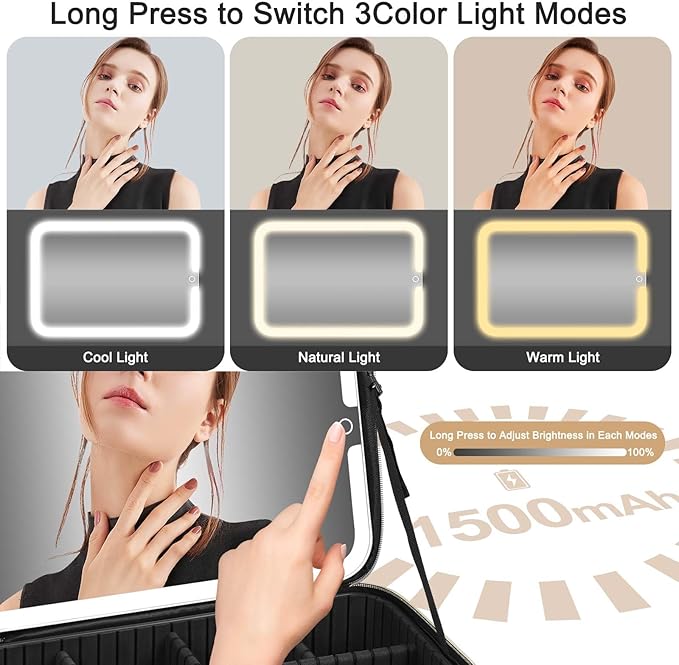 Large Travel Makeup Bag with LED Mirror, 3-Color Stepless Dimming Stand Mirror Detachable, with Adjustable Divider, Makeup Brush Holder Storage (Black)