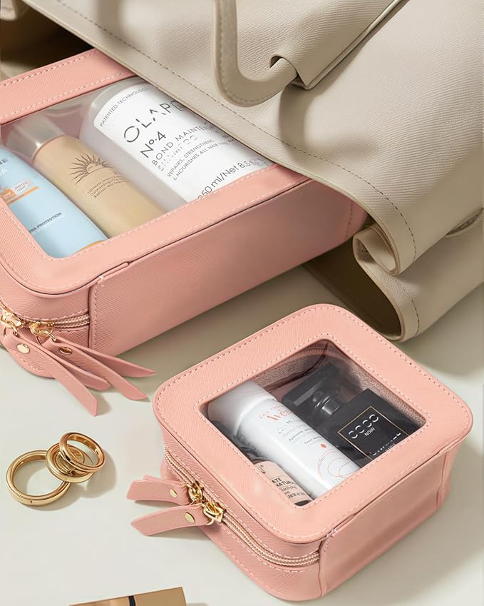 2 Pcs Travel Clear Makeup Bag Set, Clear White Makeup Organizer with Zipper Leather Travel Bags for Toiletries Small Cosmetic Bags for Women Mini Make up Pouch Toiletry Bags Car Essentials