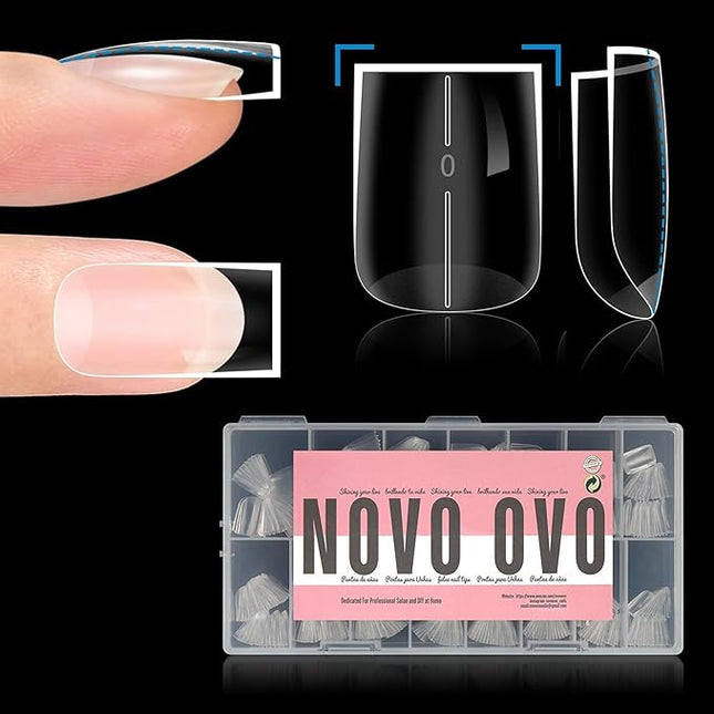 NOVO OVO Straight Square Thick Short Natural Nail Tips Press on, No C Curve Sharp Square Soak Off Soft Gel Fake Nail Extension, Full Cover False Nails for Acrylic French, Salon DIY x 15 Sizes 510 pcs
