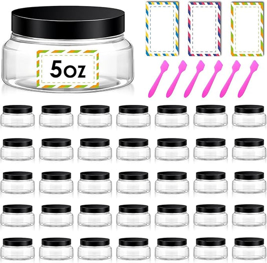 36 Pack 5 oz Plastic Cosmetic Containers With Lids Refillable Clear Empty Travle Jars Containers for Body Butter,Sugar Scrubs,Cream,Lotions,Candy, Waterproof Label&Spatulas - (Black Lid)
