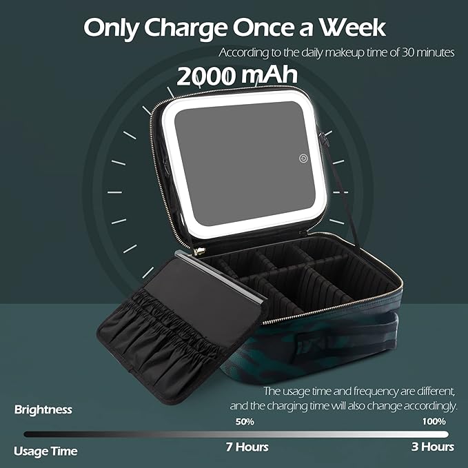 MOMIRA Makeup Bag with Mirror and Light Travel Makeup Train Case Cosmetic Organizer Portable Artist Storage Bag with Adjustable Dividers Makeup Brushes Storage Organizer Zebra-Green