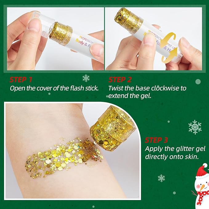 Body Glitter Stick,Face Hair Holographic Sparkling Neon Outfit Singer Concert Music Rave Festival Party Accessories Glitter Makeup. (Red & White & Green)