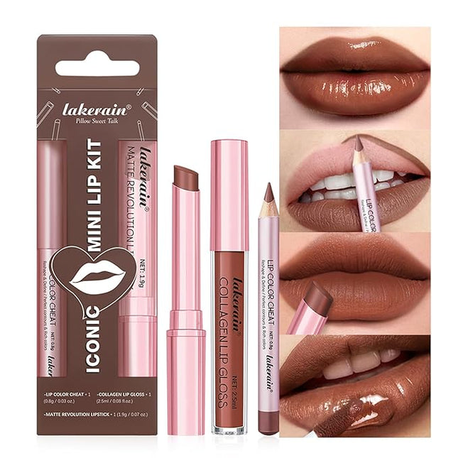 BestLand 3PCS Lip Liner and Lipstick Combo Set - Matte Lip Liner Pencil, Velvet Matte Lipstick & Hydrating Collagen Lip Gloss - Long-Lasting, Smudge-Proof, Nude Brown Lip Makeup Kit (#4 Nude Brown)