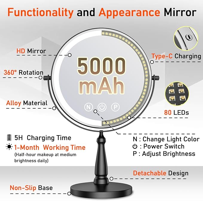 Makeup Mirror with Lights, 20X Magnifying Mirror with Light for Women, 5000 mAh Vanity Mirror with Lights and 3 Colors, 2-Sided Lighted Magnified Mirrors for Delicate Makeup, 9 Inch, Black