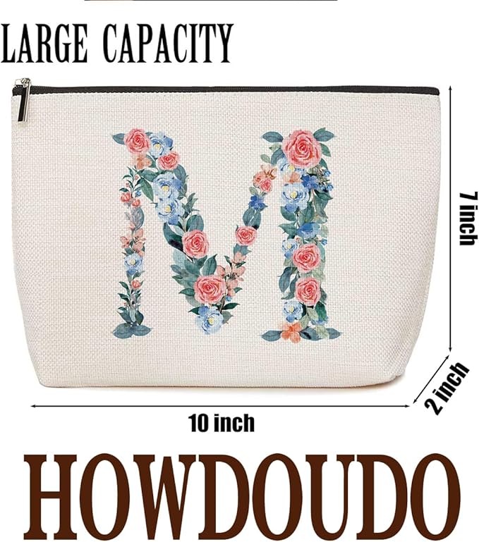 Initial Makeup Bag Monogrammed Travel Toiletry Bag Monogram Cosmetic Bag Birthday Christmas Bridal Shower Bridesmaid Gifts Personalized Gifts for Women Bride Teacher Sister Mama, Floral Letter M