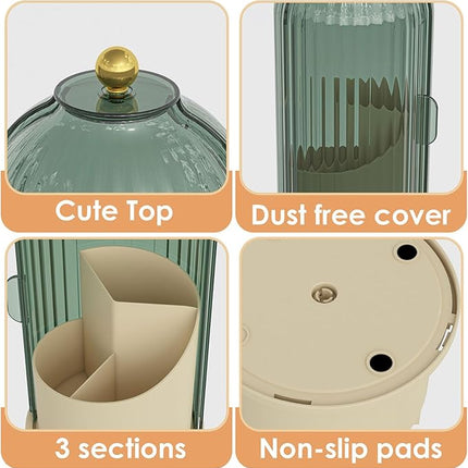 Makeup Brush Holder with Lid 360 Rotating Clear Dustproof Make Up Organizers for Vanity Bathroom Countertop, Green Beige