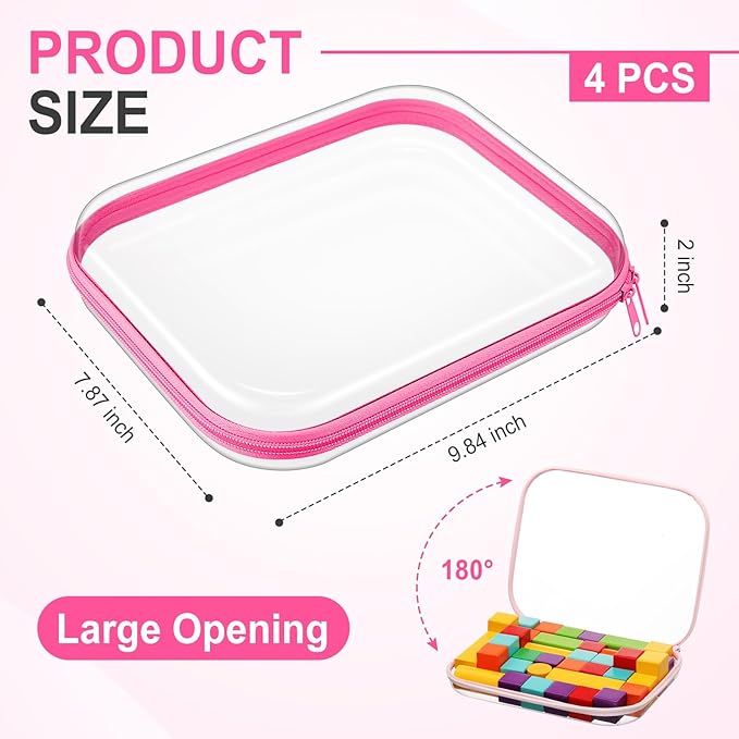 Hoolerry 4 Pcs Hard Clear Zipper Case Makeup Bags Plastic Pencil Pouch Transparent Storage Box Containers for Cosmetics, Snacks, Building Blocks, Puzzles(Pink,9.8 x 7.9 x 2 in)