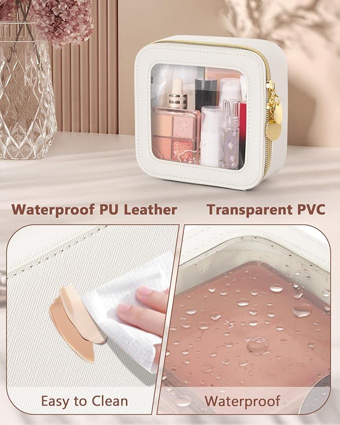 Mini Makeup Bag, Small Makeup Bag for Purse, Waterproof Clear Makeup bag, Leather Cosmetic Bag, Square Make Up Bag Pouch, Toiletry Bag for Travel, Car and Women, Beige