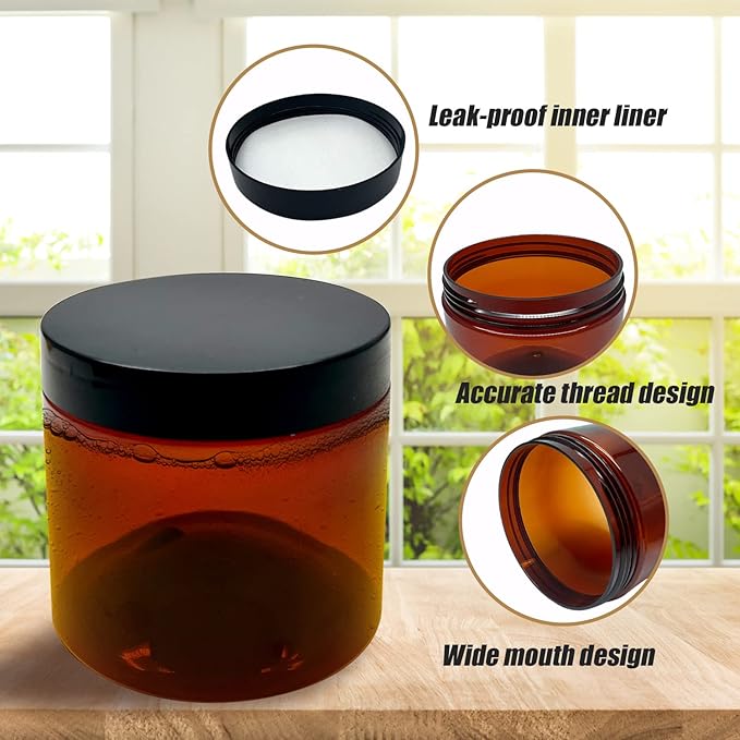 12 oz Amber Plastic Cosmetic Jars Leak Proof Container with Black Lid for Cream, Lotion, Powder, ointment, Beauty Products etc, 6 Pcs.