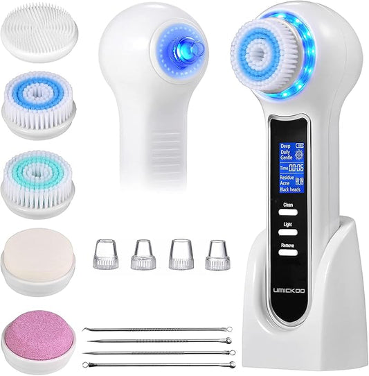 Face Scrubber Exfoliator,Facial Cleansing Brush Waterproof with LCD Screen,Blackhead Remover Vacuum with 5 Brush Heads,Face Spin Brush for Exfoliating (Blue)