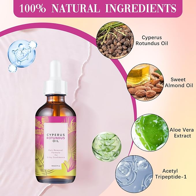 2Pcs Cyperus Rotundus Oil, 60ML Natural Cyperus Rotundus Oil for Hair Removal, Moisturizing & Soothing CyprusOil for Reducing Body Hair Growth, Hair Removal for All Skin Types