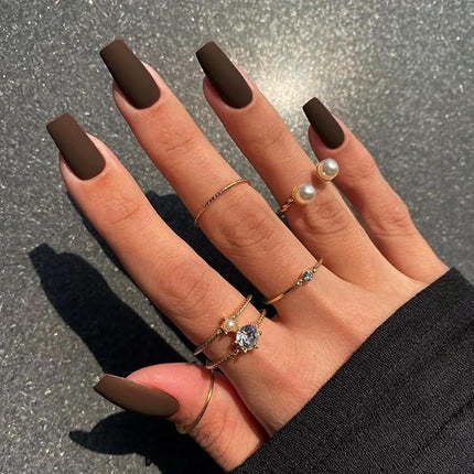 Matte Brown Press on Nails Long Square, KXAMELIE Medium Coffin Nails Press ons Long Glue on Nails Natural Thick Fake Long Nails Acrylic Nails Reusable 24 Fake Nails Solid Color False Nails for Women