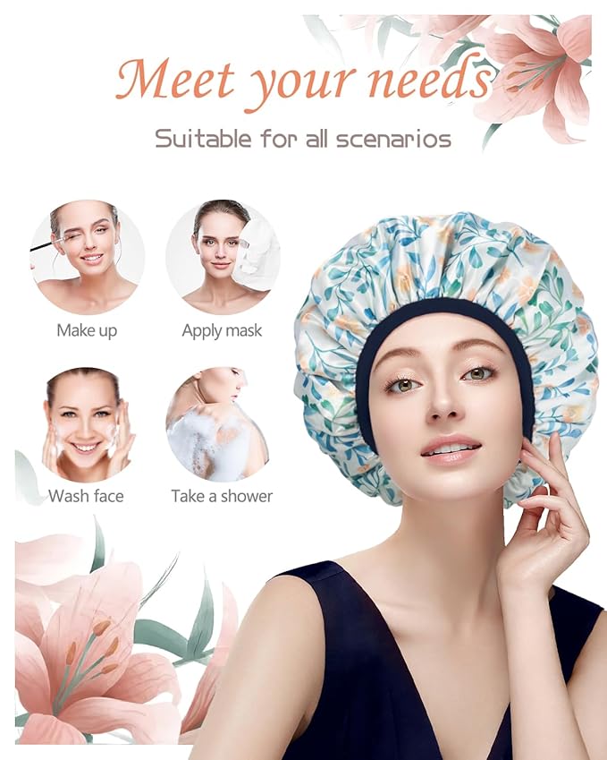 Shower Caps, Terry lined Reusable shower cap Waterproof Large Shower Cap for Women, Triple Layer Shower Caps for Long Thick Hair