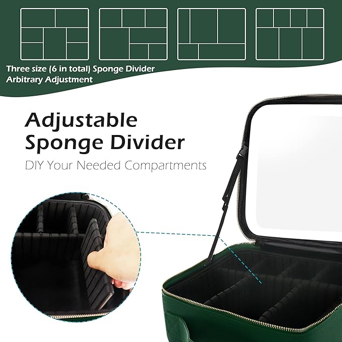 MOMIRA Travel Makeup Bag Cosmetic Bag Makeup Organizer Bag with Lighted Mirror, Adjustable Brightness in 3 Color Scenarios, Waterproof Makeup Train Case, Gift for Women - Emerald Green