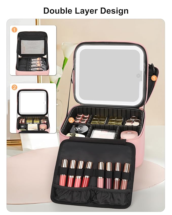 Relavel Makeup Bag with LED Mirror, Small Travel Makeup Case with Rechargeable Lighted Mirror 3 Color Lights, Double Layer Cosmetic Box Makeup Brush Lipstick Holder Organizer for Women, Pink
