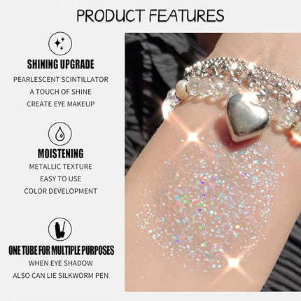 Erinde Liquid Glitter Eyeshadow Eyeliner, Korean Makeup Bling Under Eye Shadow, Shimmer Metallic, Lightweight Waterproof Long Wearing, Loose Glue for Sparkly Crystals Eye Makeup, Colorful Sequins