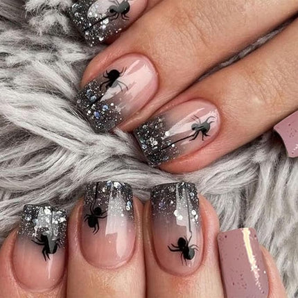 Halloween Press on Nails Medium Square French Tip Fake Nails Black Glitter Gradient Acrylic Nails with Spider Design Glossy Full Cover Glue on Nails Reusable Stick on Nails for Women 24 Pcs