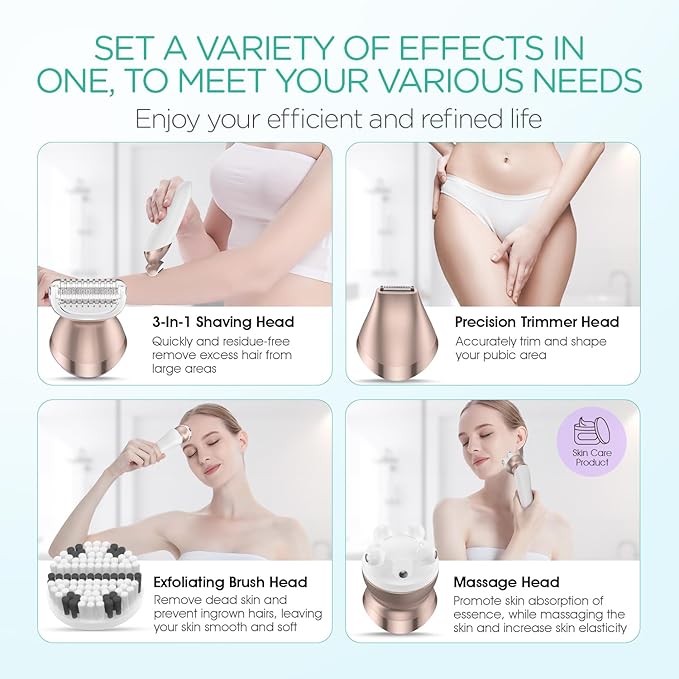 VOYOR Electric Razors for Women 4 in 1 Bikini Trimmer, Foil Shaver for Women 4 Replacement Heads for Body, Pubic Hair Trimmer, Cleansing, Massage 2 Adjustable Speeds Rechargeable Shaver ES501 (Gold)