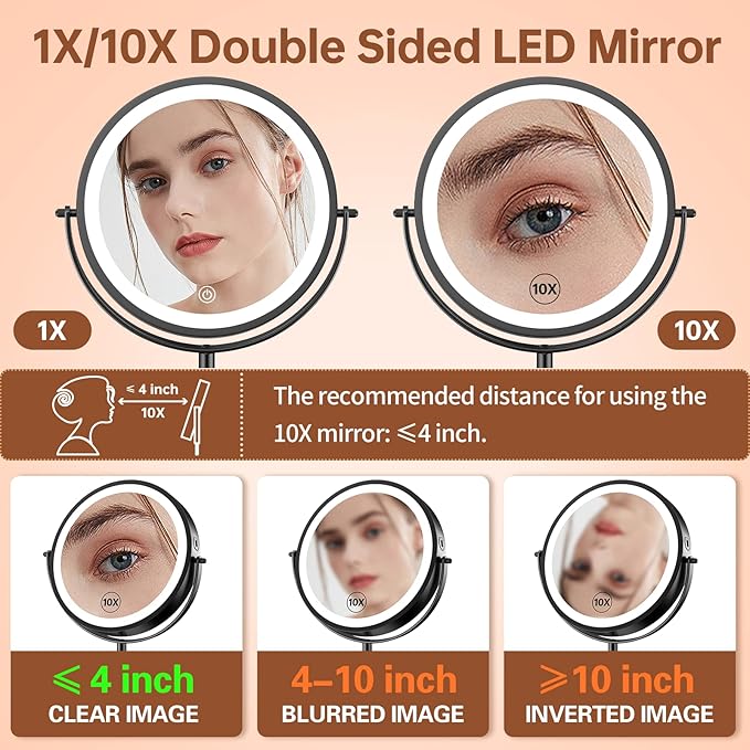 Benbilry 8 Inch Lighted Makeup Vanity Mirror with 3 Color Dimmable Lights, 1X/10X Magnifying Rechargeable Double Sided Light Up Cosmetic Mirror, 360° Swivel Cordless Standing, Black