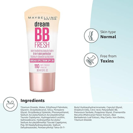 Maybelline Dream Fresh Skin Hydrating BB cream, 8-in-1 Skin Perfecting Beauty Balm with Broad Spectrum SPF 30, Sheer Tint Coverage, Oil-Free, Light/Medium, 1 Fl Oz