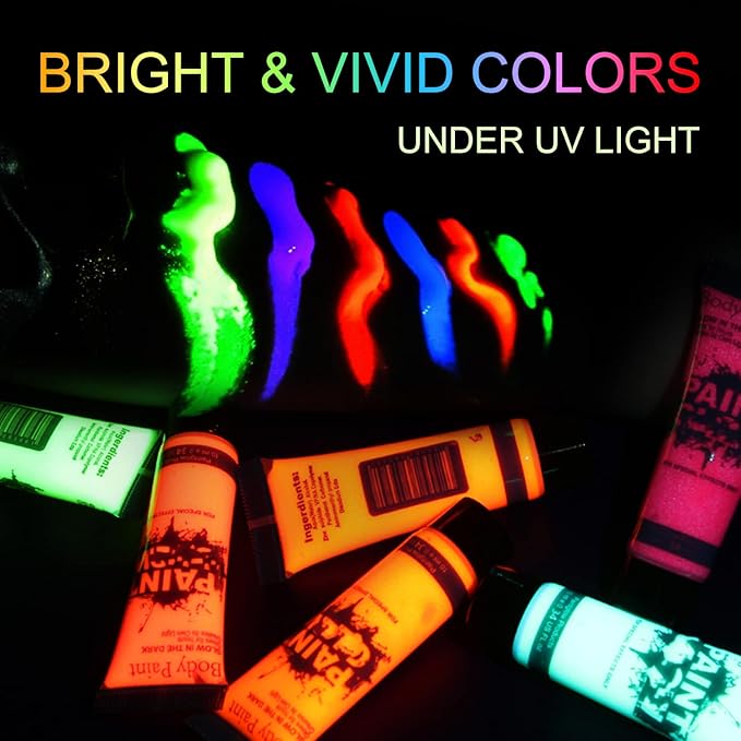 Glow in Dark Face Body Paint UV Blacklight Neon Fluorescent 0.34oz Set of 6 Tubes