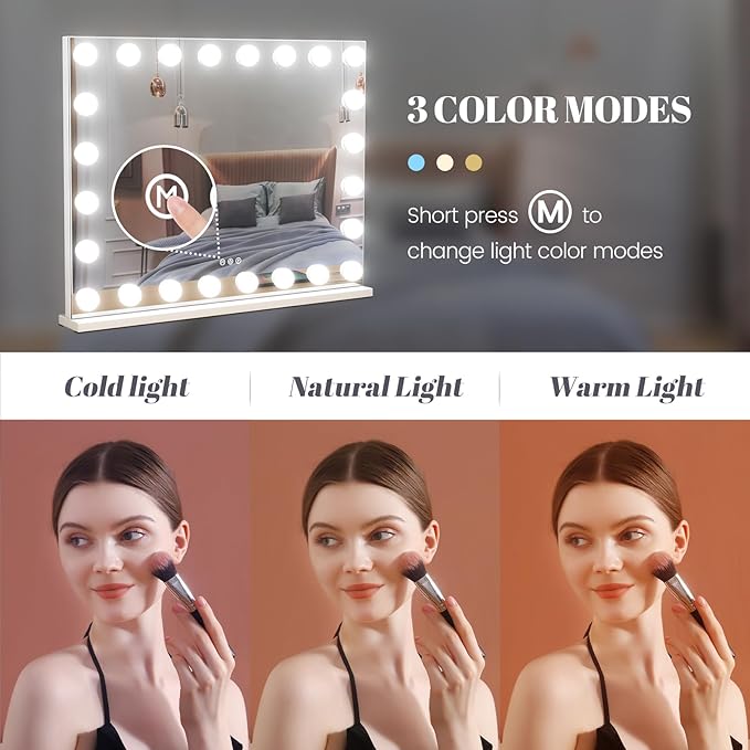 Vanity Mirror with Lights, 32"x 24" Large Hollywood Vanity Mirror with Detachable 10X Magnification & 24 Dimmable 3 Colors Modes LED Bulbs, Tabletop or Wall Mounted,White