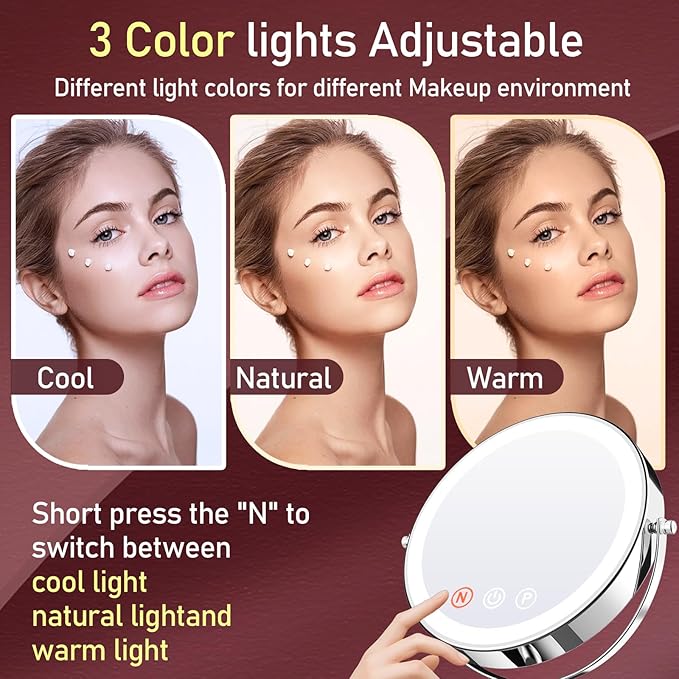 Makeup Mirror with Lights, 20X Magnifying Mirror with Light for Women, 5000 mAh Vanity Mirror with Lights and 3 Colors, 2-Sided Lighted Magnified Mirrors for Delicate Makeup, 9 Inch
