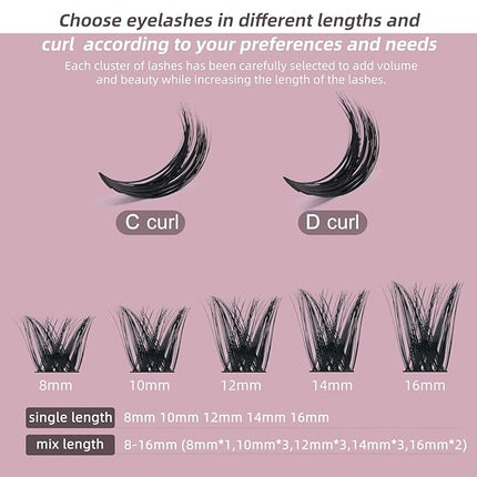 QUEWEL Cluster Lashes 72 Pcs Wide Stem Individual Lashes C/D Curl 8-16mm Length DIY Eyelash Extension False Eyelashes Soft for Personal Makeup Use at Home (honey01-C-14)