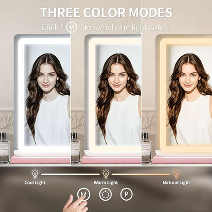 ROLOVE Pink Makeup Mirror with Lights, 23x18 Inch - 3 Color Modes, Dimmable LED Light up Mirror with 10X Magnification - Pink Vanity Mirror Wall&Tabletop Mount for Teen Girls