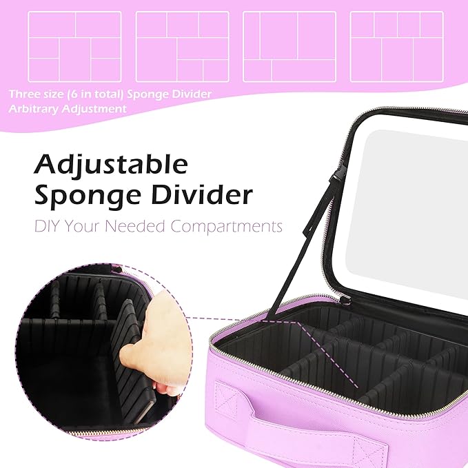 MOMIRA Travel Makeup Bag Cosmetic Bag Makeup Organizer Bag with Lighted Mirror, Adjustable Brightness in 3 Color Scenarios, Waterproof Makeup Train Case, Gift for Women - Purple