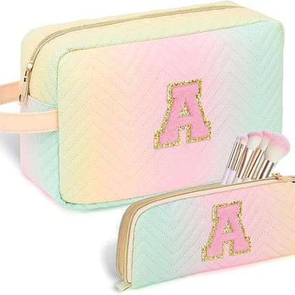 Personalized Initial Makeup Bag Waterproof Leather Cosmetic Bag Travel Toiletry Bag, Valentine’s Day Gift Makeup Organizer Case & Makeup Pouch for Women Teen Girls Mom Girlfriend Wife