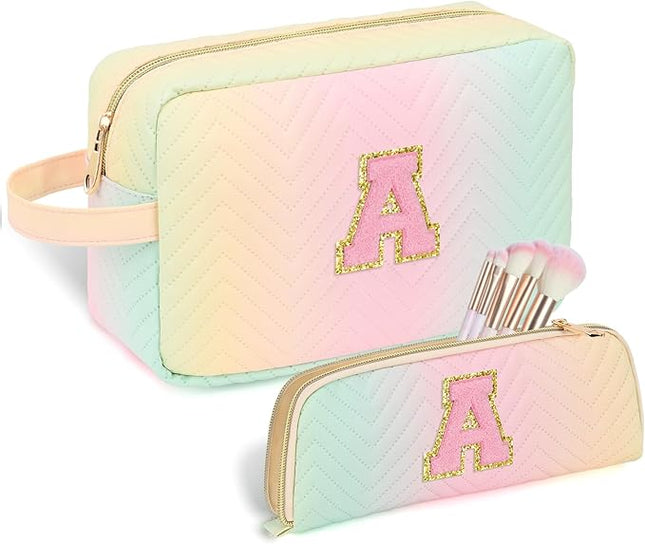 Personalized Initial Makeup Bag Waterproof Leather Cosmetic Bag Travel Toiletry Bag, Valentine’s Day Gift Makeup Organizer Case & Makeup Pouch for Women Teen Girls Mom Girlfriend Wife