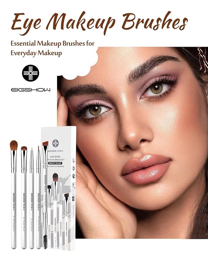 Eyeshadow Brush Set, EIGSHOW 5pcs Basic Eye Makeup Brushes For Blending, Eye Shadow, Eyeliner, Crease, Eyebrow, Vegan Travel Kit (Pearly White)