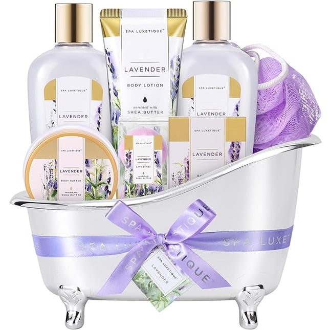 spa luxetique Spa Gifts for Women, Bath Baskets for Women, 8 Pcs Lavender Bath Sets with Bubble Bath, Lotion, Birthday Sets, Mothers Day Gift for Mom, Valentines Day Gifts for Her