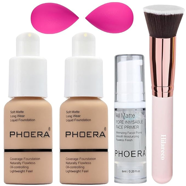 PHOERA Matte Liquide Foundation Full Coverage - Primer & Concealer Set, Kabuki Makeup Brushes & 2 Makeup Sponge (Buff Beige)