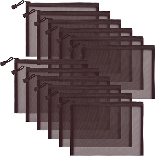 12 Pieces Zipper Nylon Mesh Pouch, Mesh Cosmetic Bags Makeup Bags Pencil Case, Multipurpose Travel Bags for Cosmetic School Office Supplies and Travel Accessories (Coffee, A5)