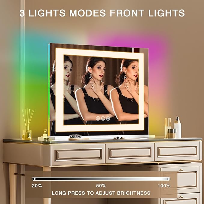 COOLJEEN RGB Vanity Mirror with Lights 23” X 18” Makeup Mirror with Front Light and RGB Backlit Lighted Makeup Mirror with 3 Color Lighting Dimmable Tempered Glass 10x Magnification and Wall-Mounted